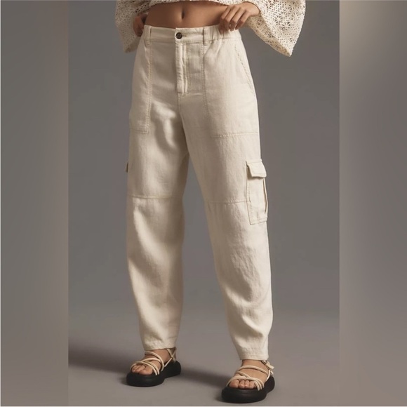 Anthropology Pilcro Slim Linen Blend Beach Cream Cargo pants size XL - Picture 2 of 7